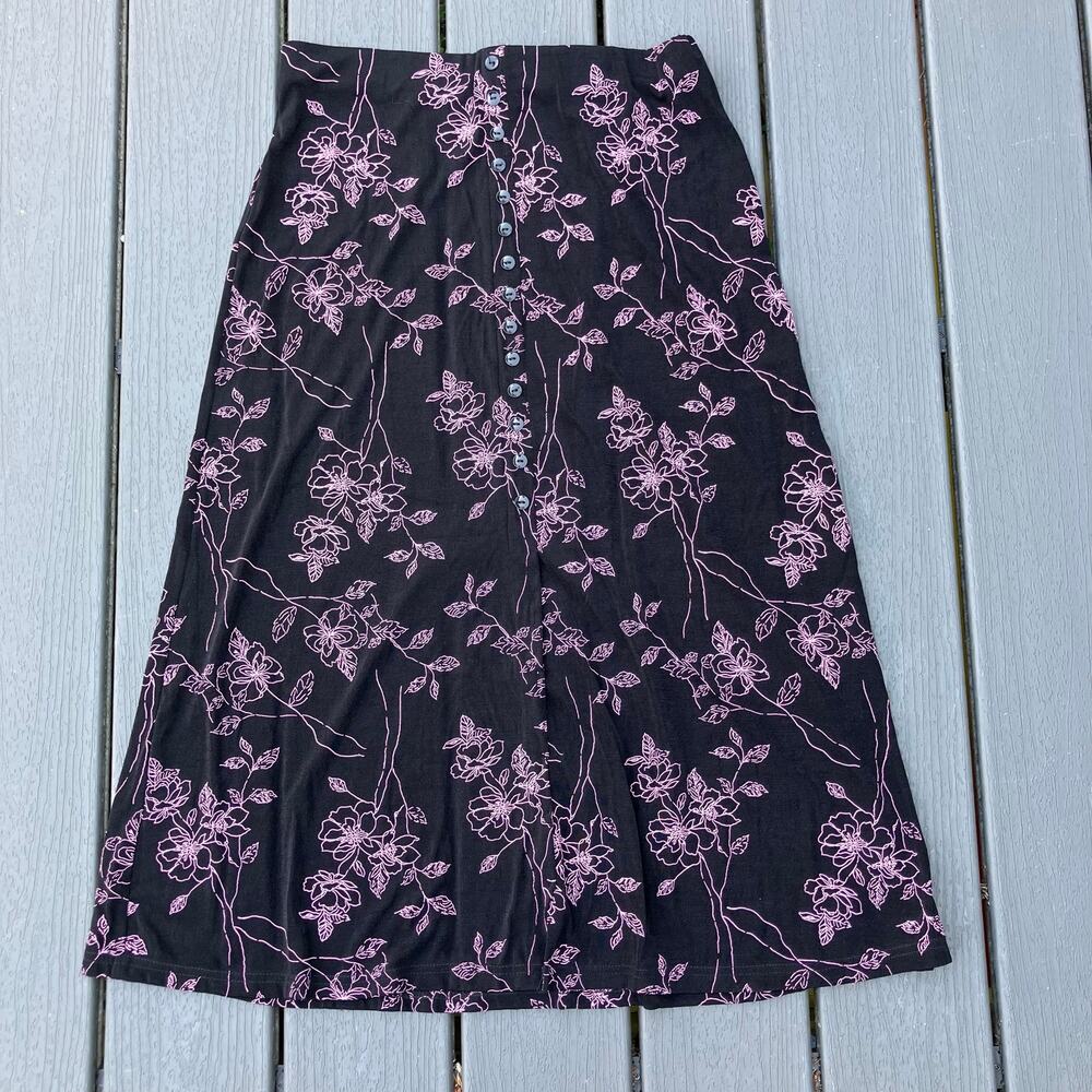 Black and pink floral midi skirt with buttons, whimsigoth fairycore Y2K boho